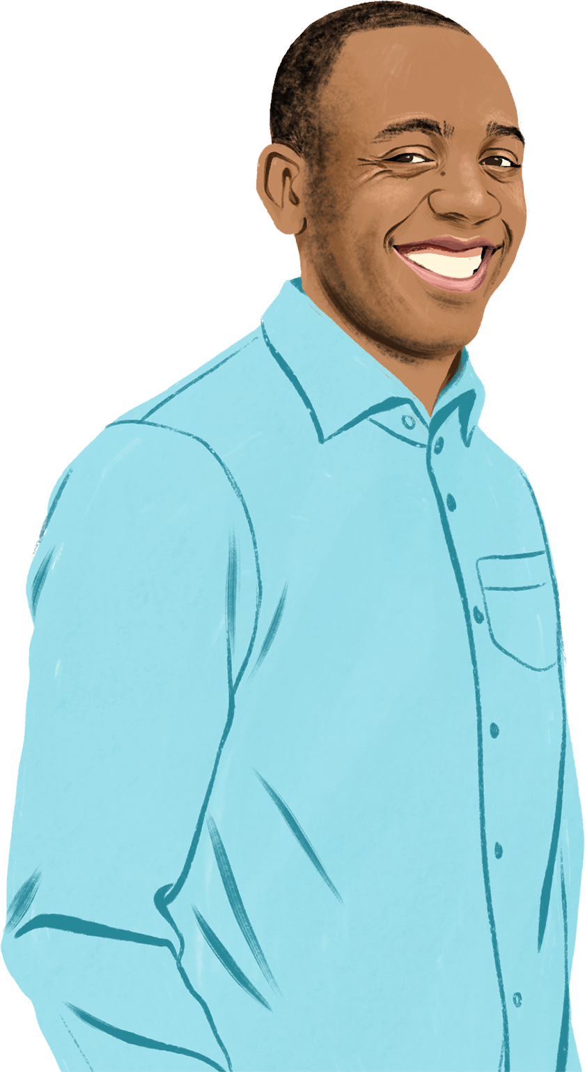 Retrato ilustrado do Brian a sorrir e a olhar para o leitor; está rodeado de ícones de iPad e iPhone ilustrados e de um cadeado ilustrado.