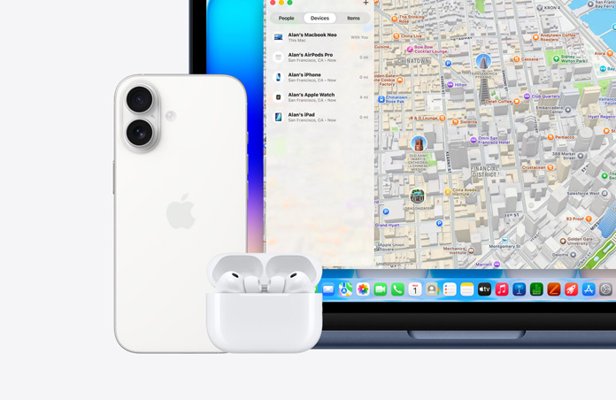 Apple Watch, der Text auf dem Display lautet «Dieses Gerät ist als verloren markiert. Bitte kontaktiere mich.» mit Telefonnummer, daneben das iPhone, die AirPods Pro und das MacBook Neo, Farbe Indigo, das Display zeigt die «Wo ist?» App mit Karte und Liste von Geräten mit ihren Standorten