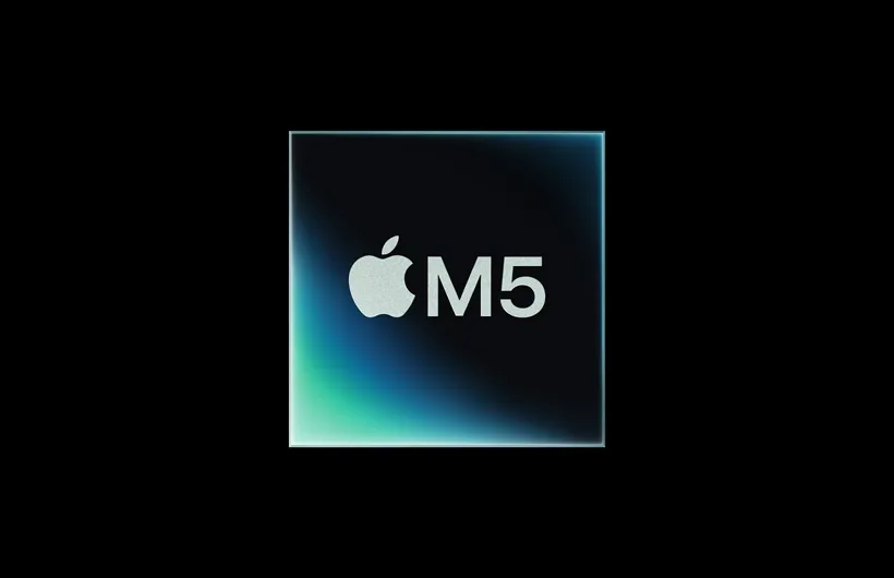 Square graphic, inside is an Apple logo beside text that reads: M5
