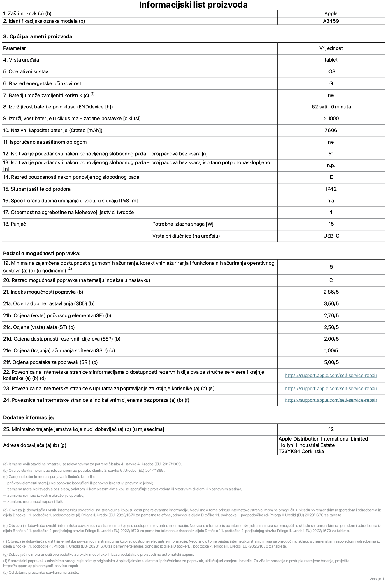List s informacijama o proizvodu za 11-inčni iPad Air Wi-Fi, model A3459. Isporučuje Apple Distribution International Limited, Hollyhill Industrial Estate. Cork, Irska, T23 YK84. Vrsta uređaja: tablet. Operativni sustav: iOS. Klasa energetske učinkovitosti: G. Baterija koju može zamijeniti korisnik: ne. Trajanje baterije po ciklusu: 62 sata. Trajanje baterije u ciklusima - zadane postavke: 1000 ili više. Nazivni kapacitet baterije: 7606 mAh. Isporučeno sa zaštitnom maskom: ne. Test pouzdanosti pri višekratnim slobodnim padovima - broj padova bez kvara: 51 ili više. Test pouzdanosti pri višekratnim slobodnim padovima – broj padova bez kvara testiranih u potpuno proširenom stanju: nije primjenjivo. Klasa pouzdanosti pri višekratnim slobodnim padovima: E. Ocjena zaštite od prodiranja: IP42. Specificirana dubina uranjanja u vodu u slučaju ocjene iPx8: nije primjenjivo. Otpornost na grebanje zaslona na Mohsovoj ljestvici tvrdoće: 4. Potrebna izlazna snaga punjača: 15 W. Vrsta utičnice punjača (na strani uređaja): USB-C. Minimalna zajamčena dostupnost sigurnosnih ažuriranja operativnog sustava, korektivnih ažuriranja i ažuriranja funkcija: 5 godina. Klasa popravljivosti: C. Indeks popravljivosti: 2,86/5. Ocjena dubine rastavljanja (SDD): 3,5/5. Ocjena pričvrsnih elemenata: 2,7/5. Ocjena alata: 2,5/5. Ocjena rezervnih dijelova: 2/5. Ocjena ažuriranja softvera: 1/5. Ocjena informacija o popravcima: 5/5. Poveznica koja vodi do informacija o dostupnosti rezervnih dijelova za profesionalne servisere i krajnje korisnike: https://support.apple.com/self-service-repair. Poveznica koja vodi do uputa za popravljanje za krajnje korisnike: https://support.apple.com/self-service-repair. Poveznica koja vodi do indikativnih cijena prije poreza: https://support.apple.com/self-service-repair. Ponuđeno je 12-mjesečno općenito jamstvo.