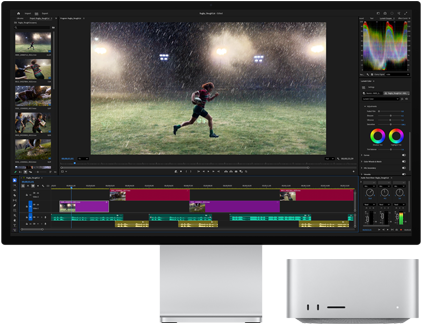 شاشة Studio Display XDR مع قاعدة مدمجة، جهاز 
Mac Studio يستقر أسفل الشاشة بشكل متناسق، شاشة تعرض مسار عمل لأدوات تعديل الفيديو وتدرجات الألوان