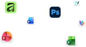 Ekranda Microsoft Word, Adobe Photoshop, Canva ve Figma gibi çeşitli uygulamaların simgeleri süzülüyor