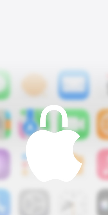 Apple privacy logo with a lock icon, white on a blurred background of home screen apps