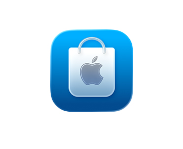 Apple Store icon with blue background, white shopping bag with handle and Apple logo in the center