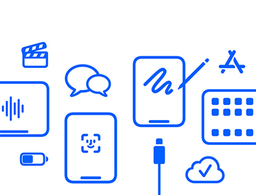 iPad mini, various icons displayed, including film reel, speech bubbles, stylus, App Store, sound waves, cloud with checkmark, and charging cable
