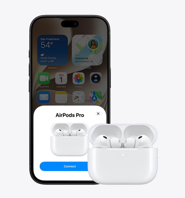 iPhone 18 Pro, face avant, app Apple Music ouverte à la page d’accueil, à côté d’AirPods Pro 3 dans un étui MagSafe ouvert