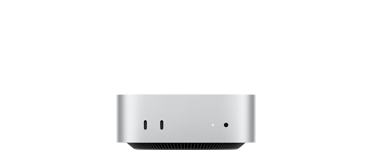 جهاز Mac mini، الجهة الأمامية، 2 من منافذ ثندربولت، ضوء مؤشر التشغيل ومقبس لسماعات الرأس، قاعدة سوداء مدببة في الأسفل، سطح مسطح، جوانب مدورة، حواف مستقيمة، لون فضي