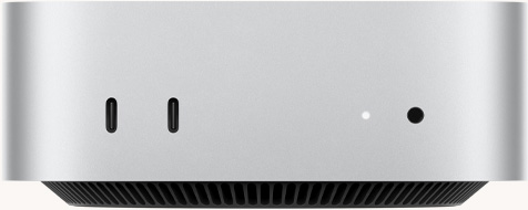 جهاز Mac mini، الجهة الأمامية، 2 من منافذ ثندربولت، ضوء مؤشر التشغيل ومقبس لسماعات الرأس، قاعدة سوداء مدببة في الأسفل، سطح مسطح، جوانب مدورة، حواف مستقيمة، لون فضي